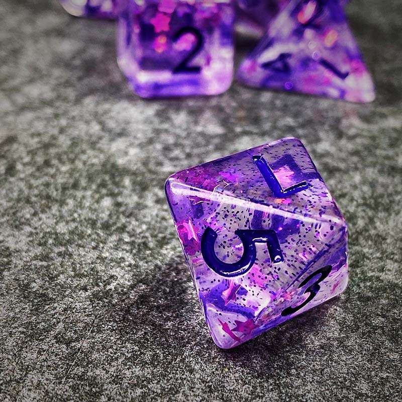 Sage's Cantrips - Purple Stars and Purple Ink Resin Polyhedral Dice Set - Sage's PortalResin Dice Set