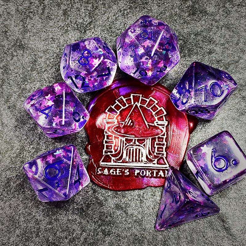 Sage's Cantrips - Purple Stars and Purple Ink Resin Polyhedral Dice Set - Sage's PortalResin Dice Set