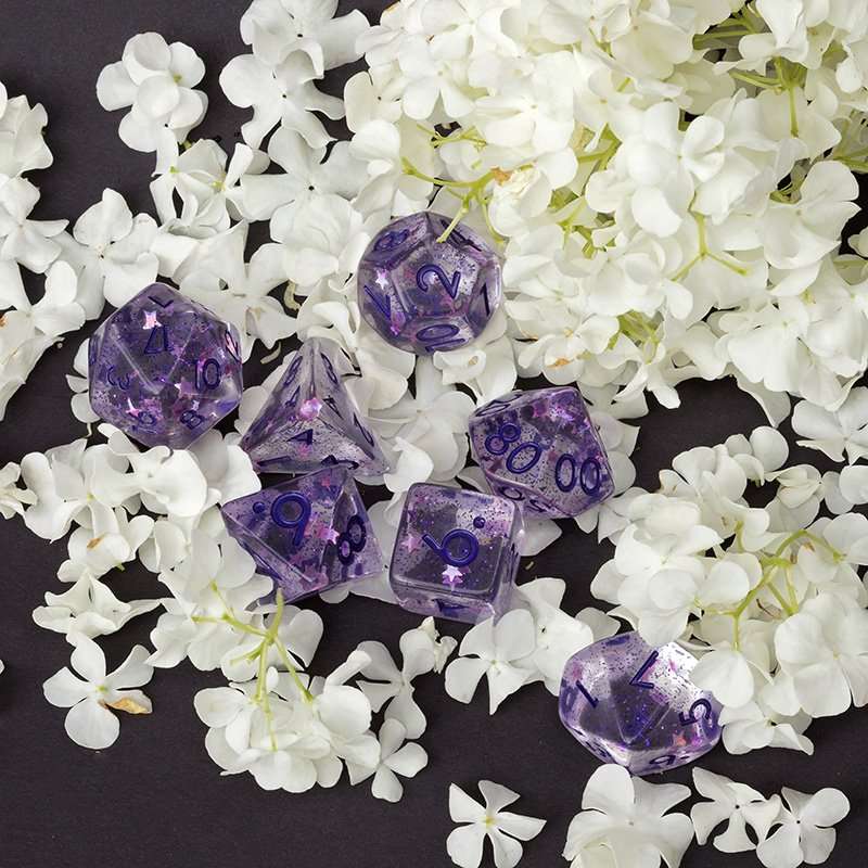 Sage's Cantrips - Purple Stars and Purple Ink Resin Polyhedral Dice Set - Sage's PortalResin Dice Set