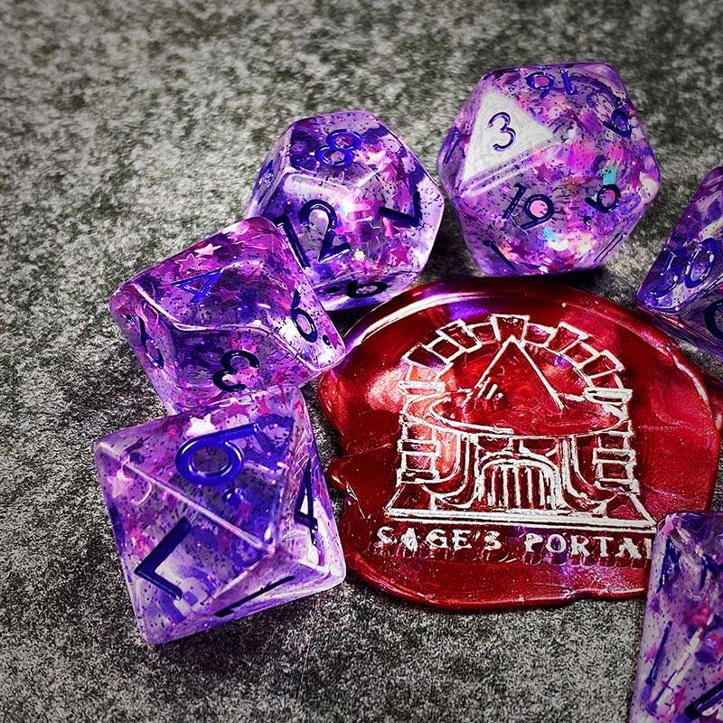 Sage's Cantrips - Purple Stars and Purple Ink Resin Polyhedral Dice Set - Sage's PortalResin Dice Set