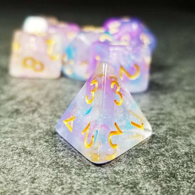 Sage’s Cantrips - Purple/Blue Vapor Glitter Gold Ink Resin Polyhedral Dice Set - Sage's PortalResin Dice Set