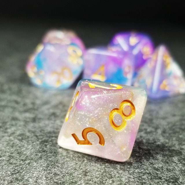 Sage’s Cantrips - Purple/Blue Vapor Glitter Gold Ink Resin Polyhedral Dice Set - Sage's PortalResin Dice Set