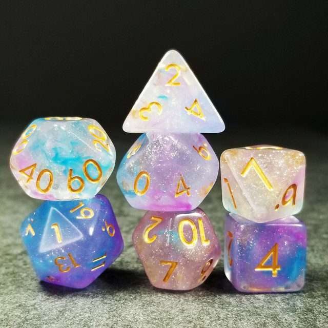 Sage’s Cantrips - Purple/Blue Vapor Glitter Gold Ink Resin Polyhedral Dice Set - Sage's PortalResin Dice Set