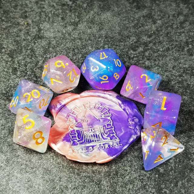 Sage’s Cantrips - Purple/Blue Vapor Glitter Gold Ink Resin Polyhedral Dice Set - Sage's PortalResin Dice Set