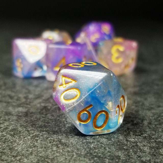 Sage’s Cantrips - Purple/Blue Vapor Glitter Gold Ink Resin Polyhedral Dice Set - Sage's PortalResin Dice Set