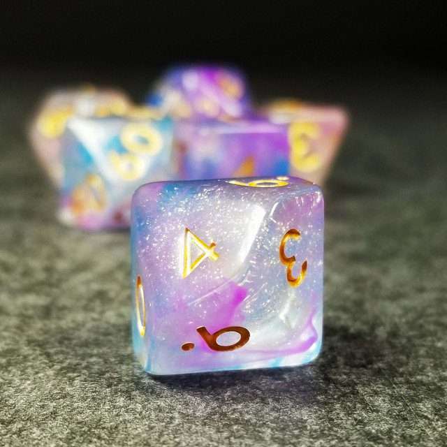 Sage’s Cantrips - Purple/Blue Vapor Glitter Gold Ink Resin Polyhedral Dice Set - Sage's PortalResin Dice Set