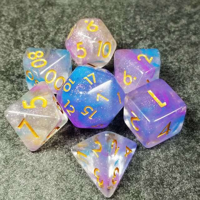 Sage’s Cantrips - Purple/Blue Vapor Glitter Gold Ink Resin Polyhedral Dice Set - Sage's PortalResin Dice Set