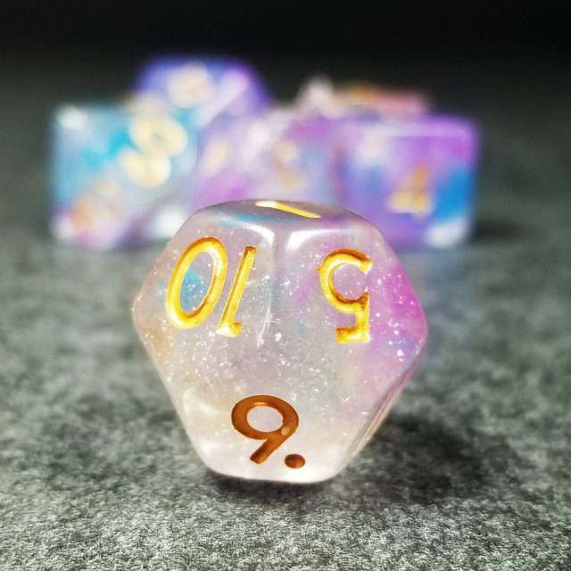 Sage’s Cantrips - Purple/Blue Vapor Glitter Gold Ink Resin Polyhedral Dice Set - Sage's PortalResin Dice Set