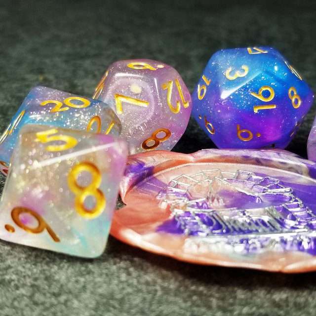 Sage’s Cantrips - Purple/Blue Vapor Glitter Gold Ink Resin Polyhedral Dice Set - Sage's PortalResin Dice Set