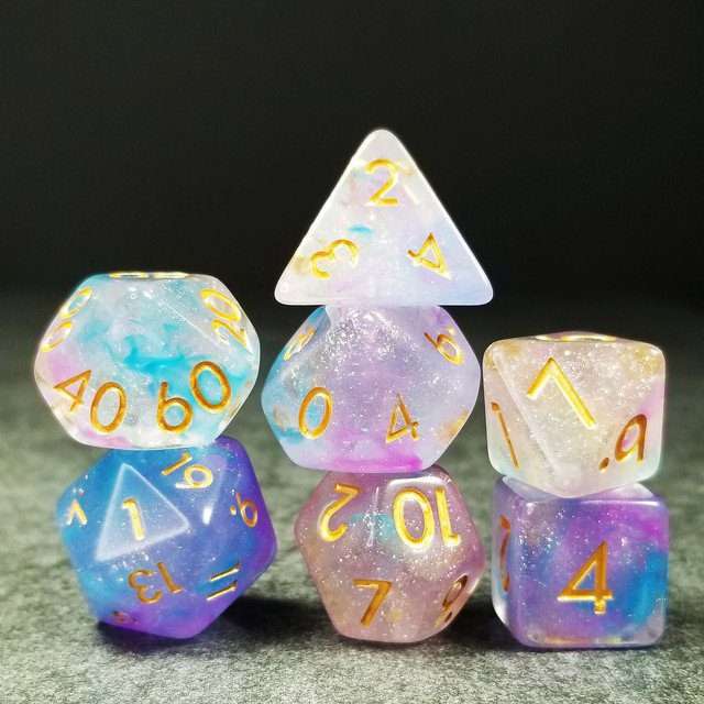 Sage’s Cantrips - Purple/Blue Vapor Glitter Gold Ink Resin Polyhedral Dice Set - Sage's PortalResin Dice Set