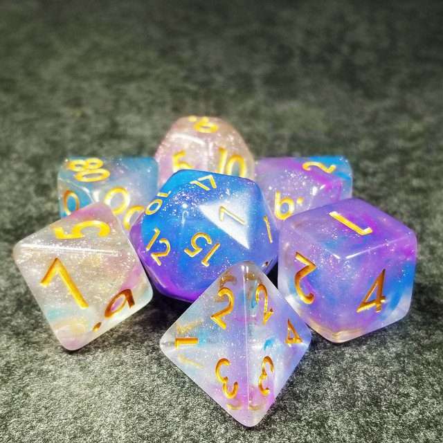 Sage’s Cantrips - Purple/Blue Vapor Glitter Gold Ink Resin Polyhedral Dice Set - Sage's PortalResin Dice Set