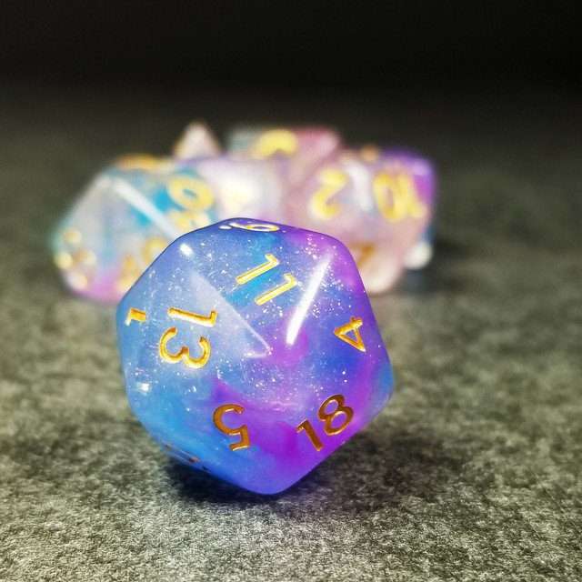 Sage’s Cantrips - Purple/Blue Vapor Glitter Gold Ink Resin Polyhedral Dice Set - Sage's PortalResin Dice Set