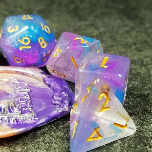 Sage’s Cantrips - Purple/Blue Vapor Glitter Gold Ink Resin Polyhedral Dice Set - Sage's PortalResin Dice Set