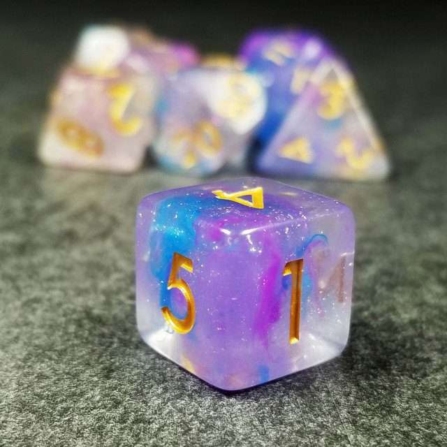 Sage’s Cantrips - Purple/Blue Vapor Glitter Gold Ink Resin Polyhedral Dice Set - Sage's PortalResin Dice Set