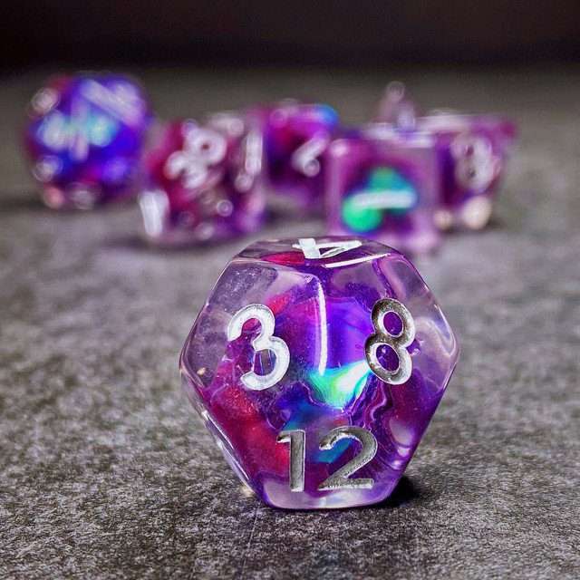 Sage’s Cantrips - Purple/Holo Flakes Silver Ink Resin Polyhedral Dice Set - Sage's PortalResin Dice Set