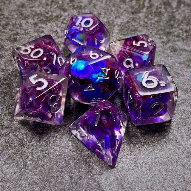 Sage’s Cantrips - Purple/Holo Flakes Silver Ink Resin Polyhedral Dice Set - Sage's PortalResin Dice Set