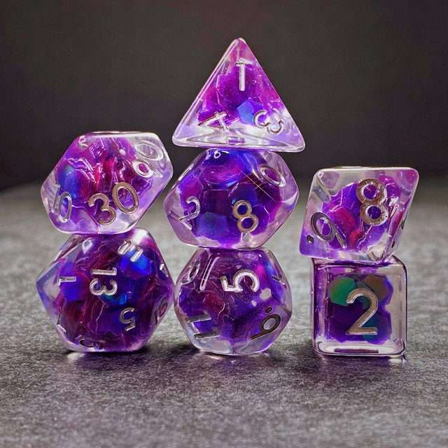 Sage’s Cantrips - Purple/Holo Flakes Silver Ink Resin Polyhedral Dice Set - Sage's PortalResin Dice Set