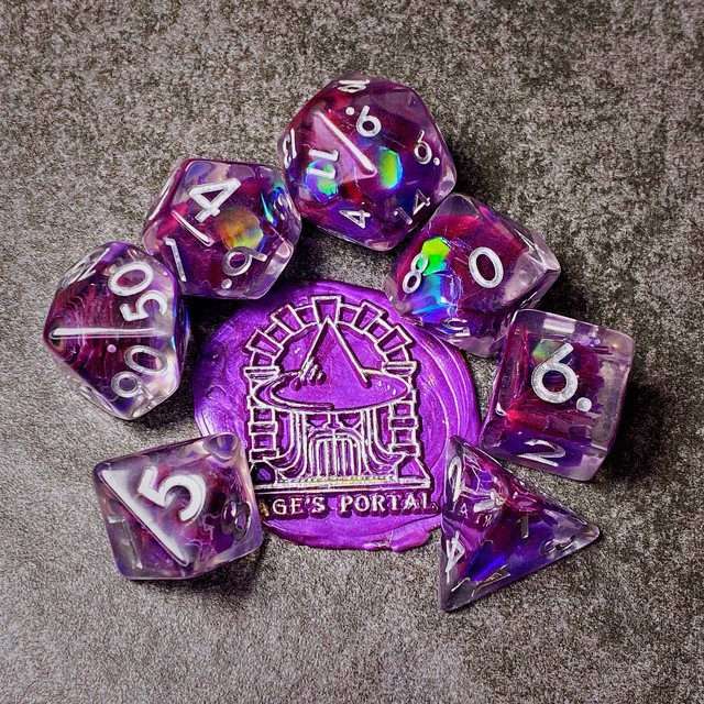 Sage’s Cantrips - Purple/Holo Flakes Silver Ink Resin Polyhedral Dice Set - Sage's PortalResin Dice Set