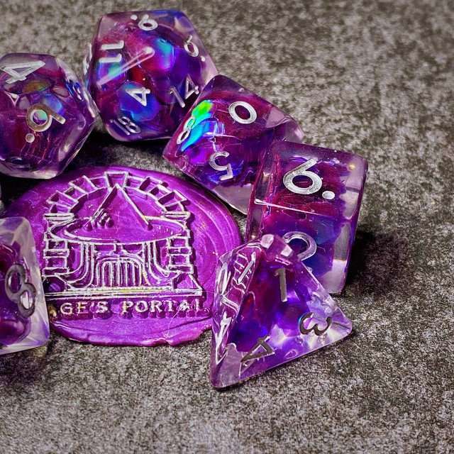Sage’s Cantrips - Purple/Holo Flakes Silver Ink Resin Polyhedral Dice Set - Sage's PortalResin Dice Set