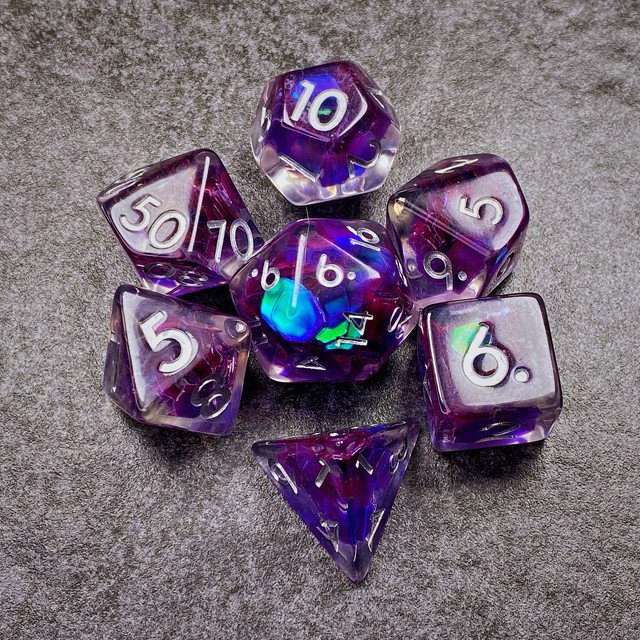 Sage’s Cantrips - Purple/Holo Flakes Silver Ink Resin Polyhedral Dice Set - Sage's PortalResin Dice Set