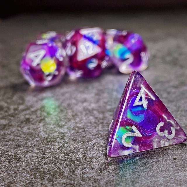 Sage’s Cantrips - Purple/Holo Flakes Silver Ink Resin Polyhedral Dice Set - Sage's PortalResin Dice Set