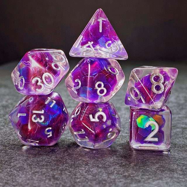 Sage’s Cantrips - Purple/Holo Flakes Silver Ink Resin Polyhedral Dice Set - Sage's PortalResin Dice Set