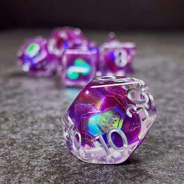 Sage’s Cantrips - Purple/Holo Flakes Silver Ink Resin Polyhedral Dice Set - Sage's PortalResin Dice Set