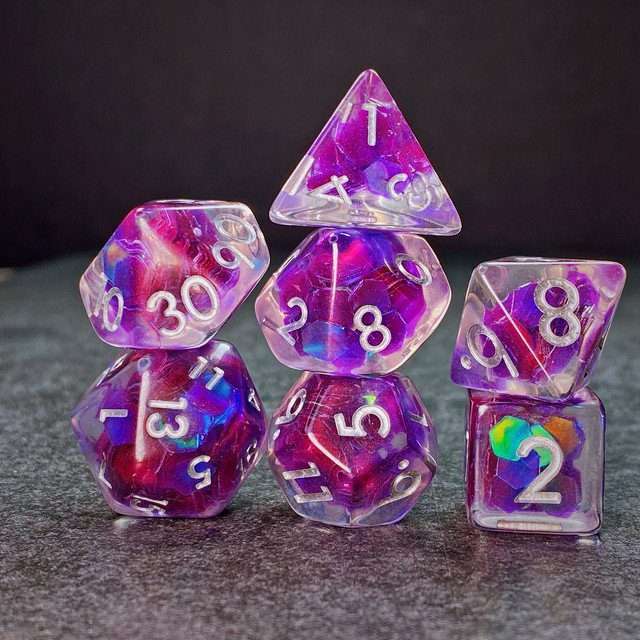Sage’s Cantrips - Purple/Holo Flakes Silver Ink Resin Polyhedral Dice Set - Sage's PortalResin Dice Set