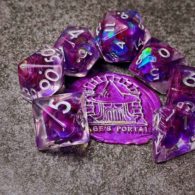 Sage’s Cantrips - Purple/Holo Flakes Silver Ink Resin Polyhedral Dice Set - Sage's PortalResin Dice Set
