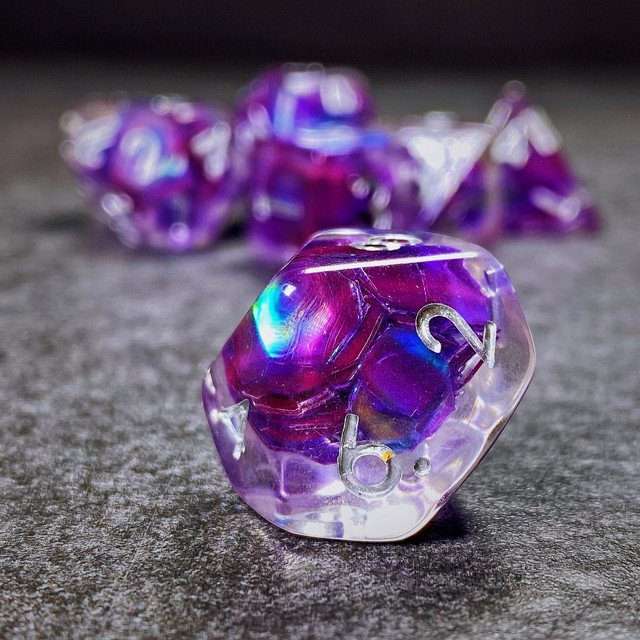 Sage’s Cantrips - Purple/Holo Flakes Silver Ink Resin Polyhedral Dice Set - Sage's PortalResin Dice Set