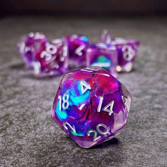 Sage’s Cantrips - Purple/Holo Flakes Silver Ink Resin Polyhedral Dice Set - Sage's PortalResin Dice Set