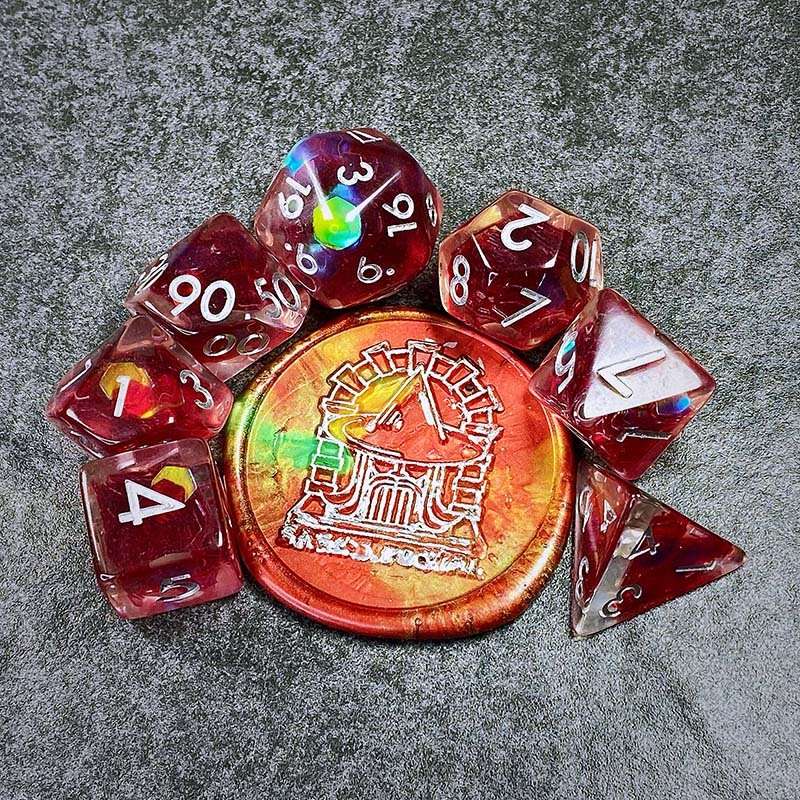 Sage's Cantrips - Red/Holo Flakes Silver Ink Resin Polyhedral Dice Set - Sage's PortalResin Dice Set