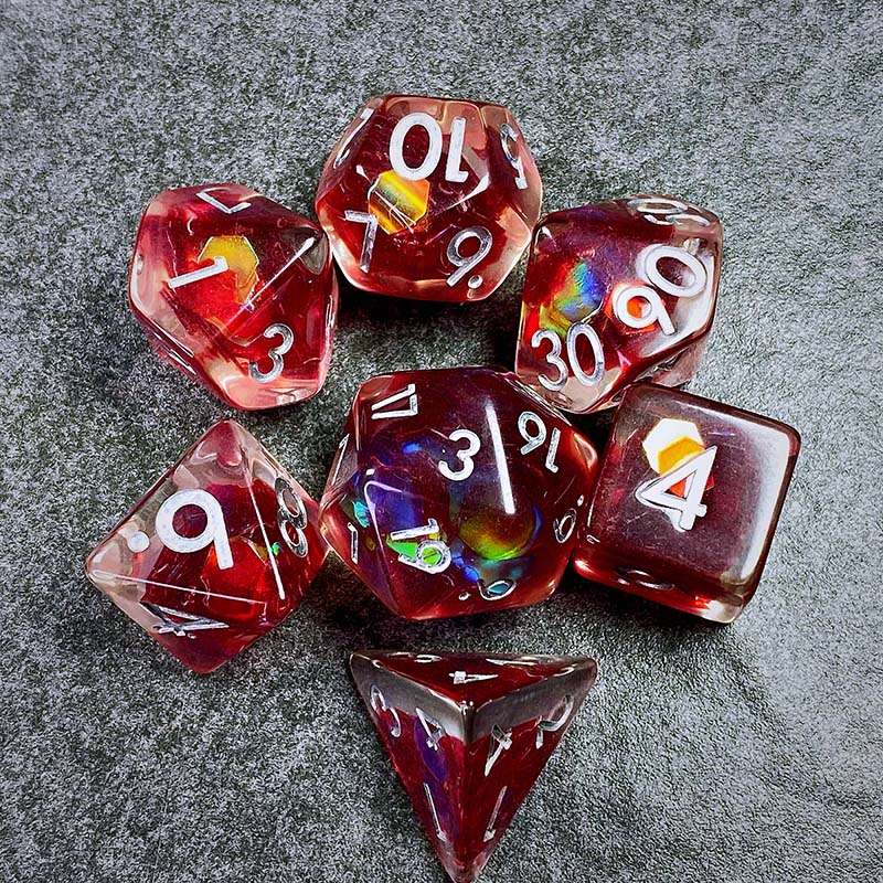 Sage's Cantrips - Red/Holo Flakes Silver Ink Resin Polyhedral Dice Set - Sage's PortalResin Dice Set
