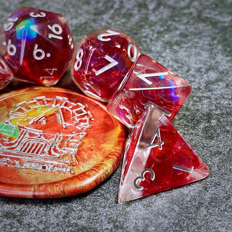 Sage's Cantrips - Red/Holo Flakes Silver Ink Resin Polyhedral Dice Set - Sage's PortalResin Dice Set