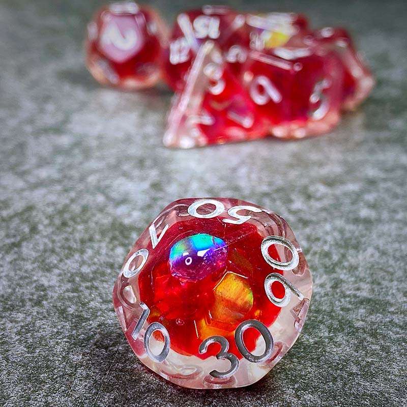 Sage's Cantrips - Red/Holo Flakes Silver Ink Resin Polyhedral Dice Set - Sage's PortalResin Dice Set
