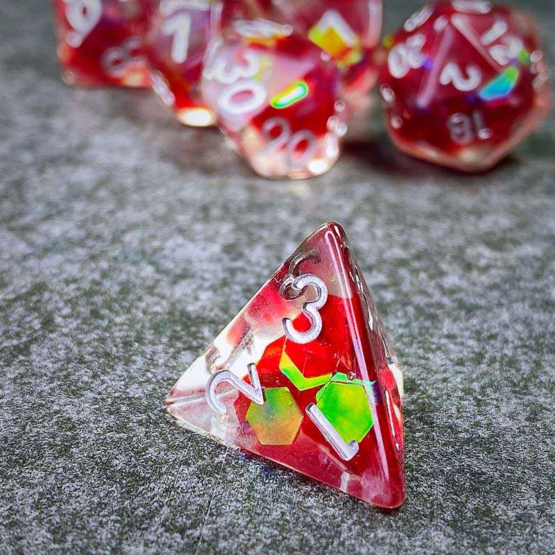 Sage's Cantrips - Red/Holo Flakes Silver Ink Resin Polyhedral Dice Set - Sage's PortalResin Dice Set