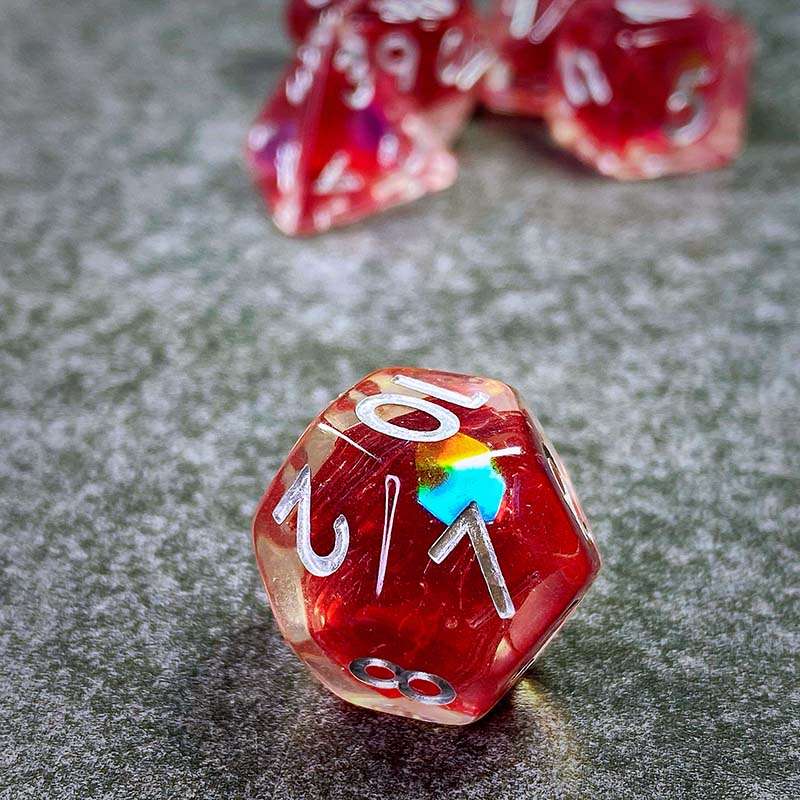Sage's Cantrips - Red/Holo Flakes Silver Ink Resin Polyhedral Dice Set - Sage's PortalResin Dice Set