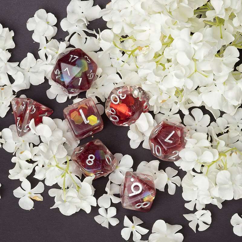 Sage's Cantrips - Red/Holo Flakes Silver Ink Resin Polyhedral Dice Set - Sage's PortalResin Dice Set