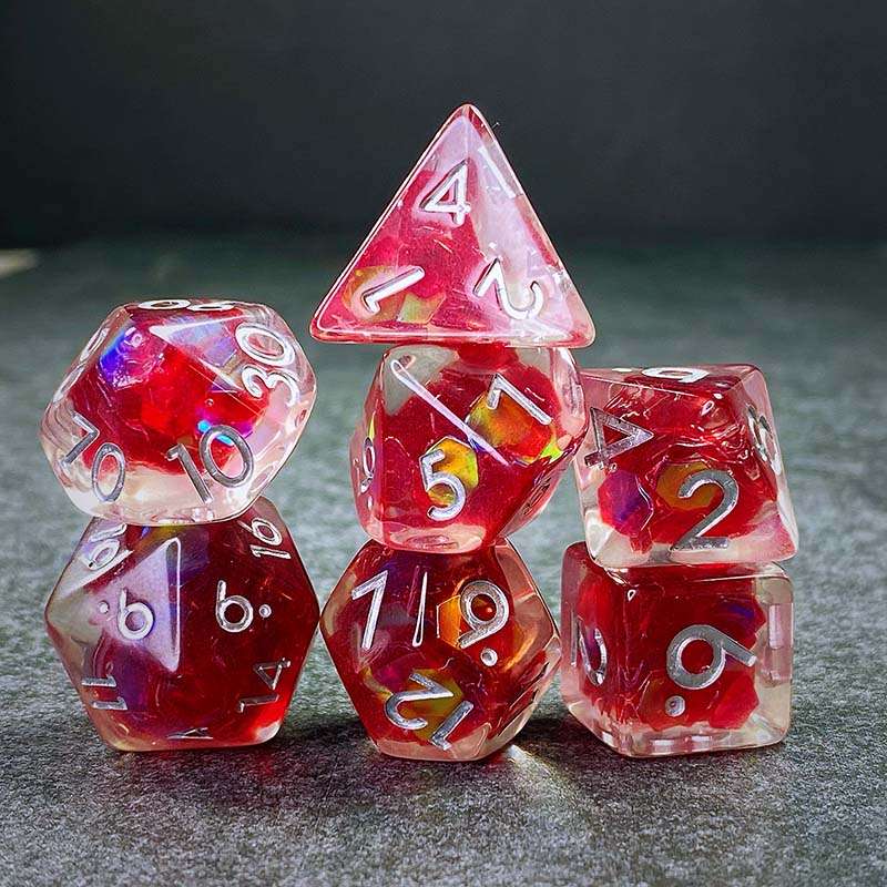 Sage's Cantrips - Red/Holo Flakes Silver Ink Resin Polyhedral Dice Set - Sage's PortalResin Dice Set