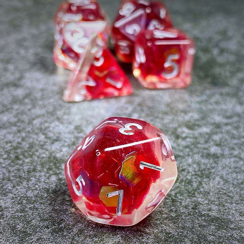 Sage's Cantrips - Red/Holo Flakes Silver Ink Resin Polyhedral Dice Set - Sage's PortalResin Dice Set