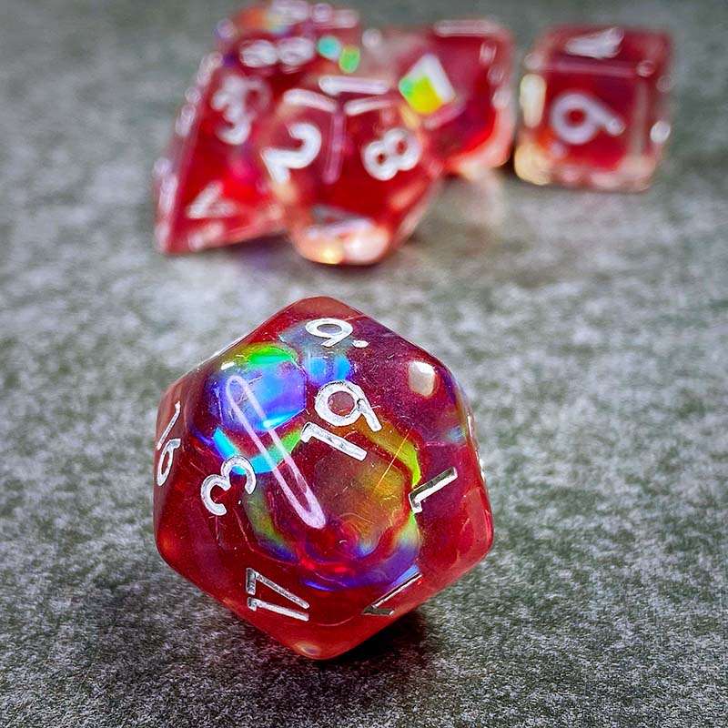 Sage's Cantrips - Red/Holo Flakes Silver Ink Resin Polyhedral Dice Set - Sage's PortalResin Dice Set