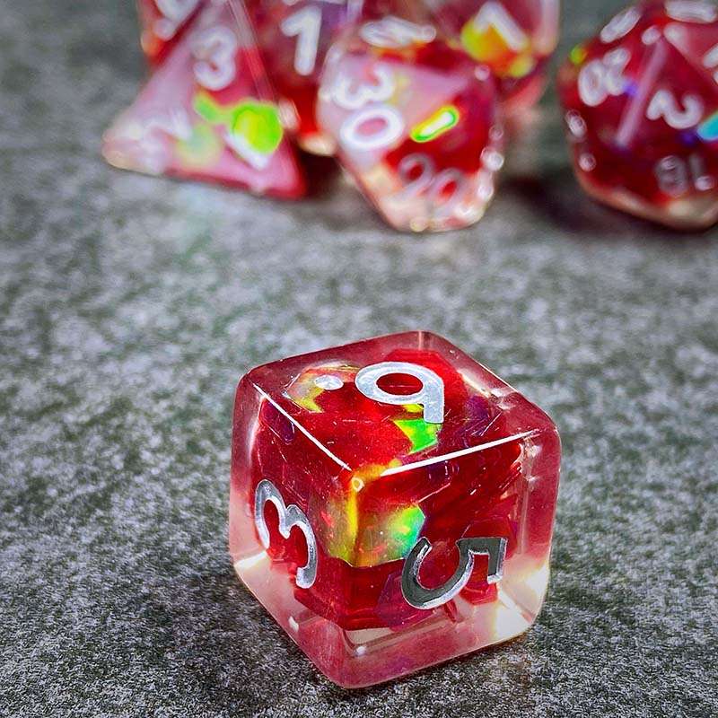 Sage's Cantrips - Red/Holo Flakes Silver Ink Resin Polyhedral Dice Set - Sage's PortalResin Dice Set
