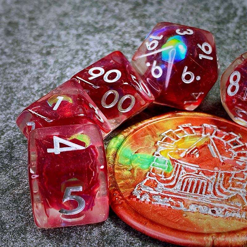 Sage's Cantrips - Red/Holo Flakes Silver Ink Resin Polyhedral Dice Set - Sage's PortalResin Dice Set