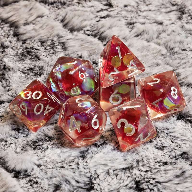 Sage's Cantrips - Red/Holo Flakes Silver Ink Resin Polyhedral Dice Set - Sage's PortalResin Dice Set