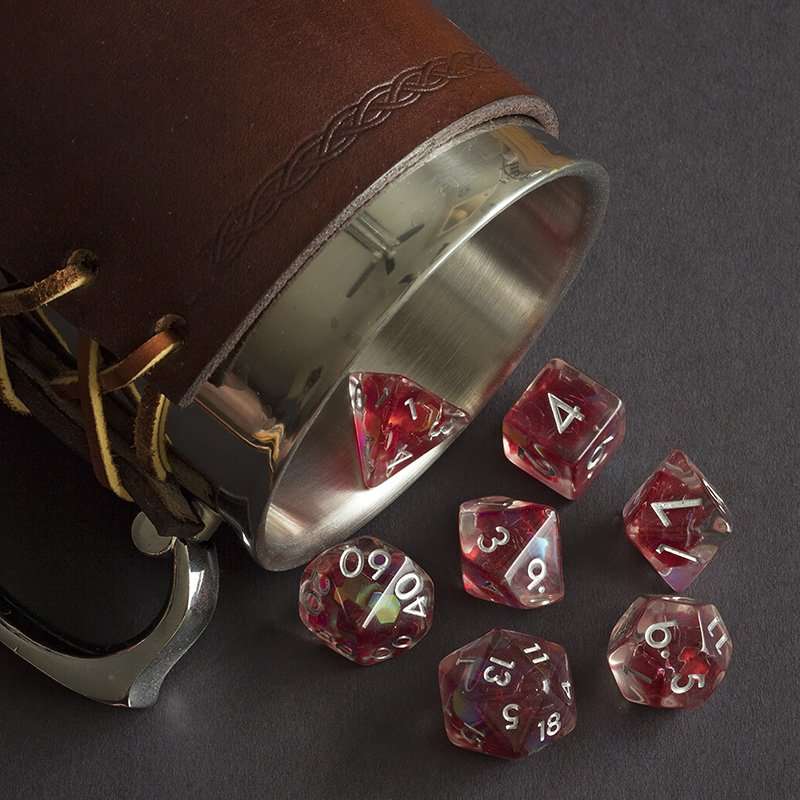 Sage's Cantrips - Red/Holo Flakes Silver Ink Resin Polyhedral Dice Set - Sage's PortalResin Dice Set