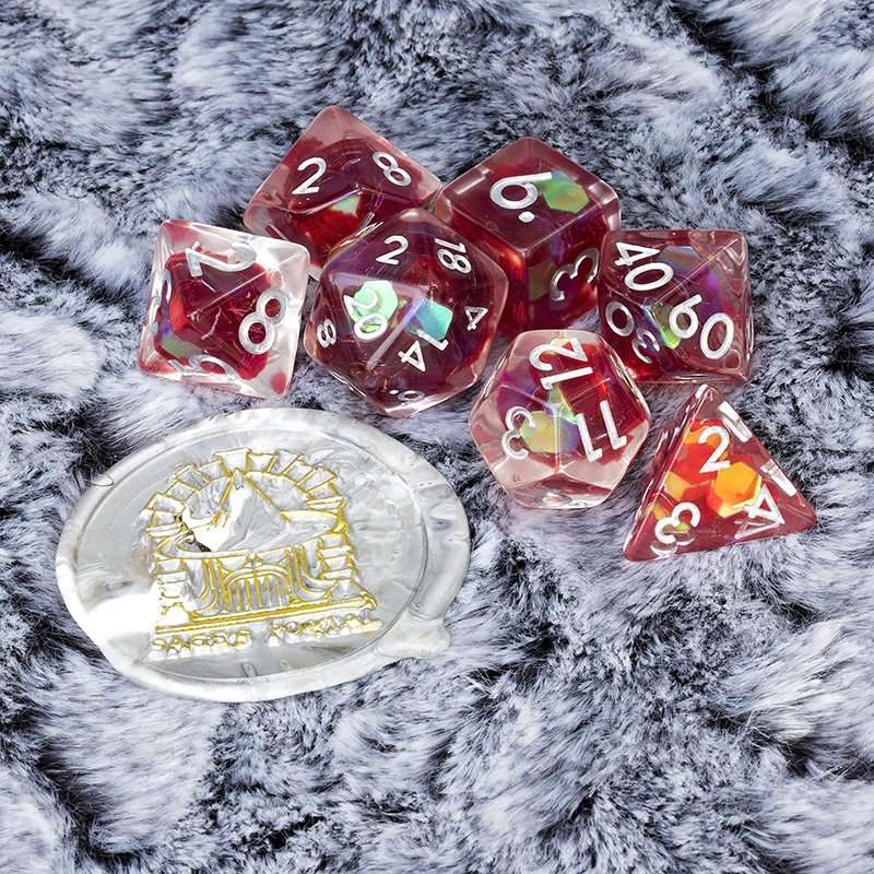 Sage's Cantrips - Red/Holo Flakes Silver Ink Resin Polyhedral Dice Set - Sage's PortalResin Dice Set