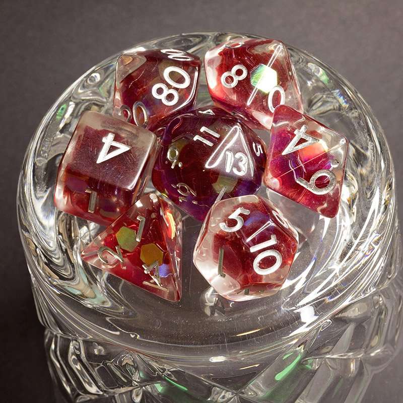 Sage's Cantrips - Red/Holo Flakes Silver Ink Resin Polyhedral Dice Set - Sage's PortalResin Dice Set