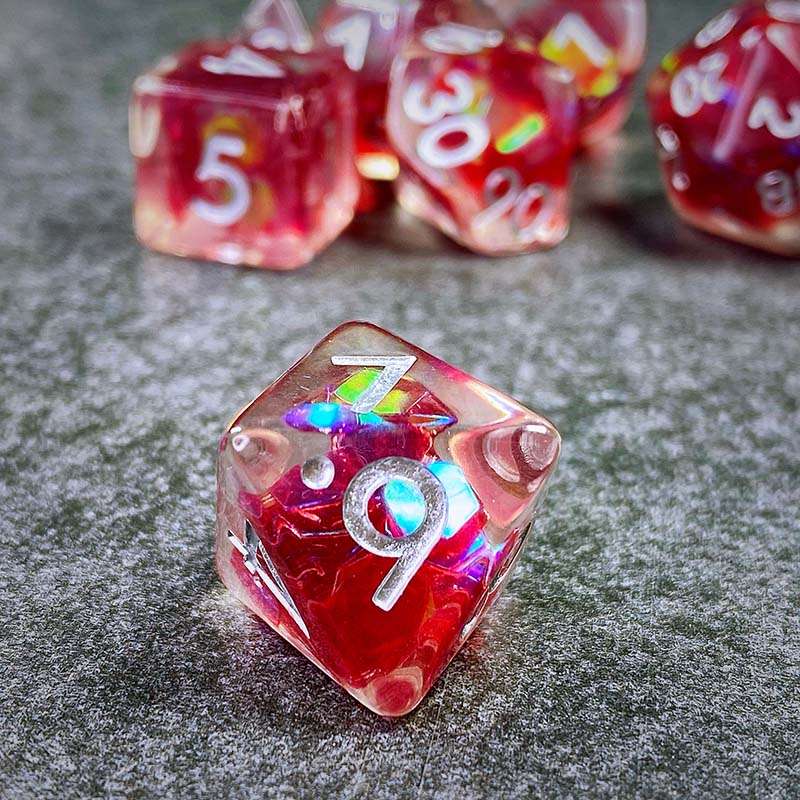 Sage's Cantrips - Red/Holo Flakes Silver Ink Resin Polyhedral Dice Set - Sage's PortalResin Dice Set