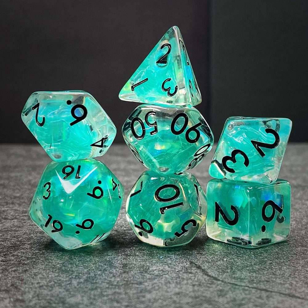 Sage's Cantrips - Teal Flakes and Black Ink Resin Polyhedral Dice Set - Sage's PortalResin Dice Set