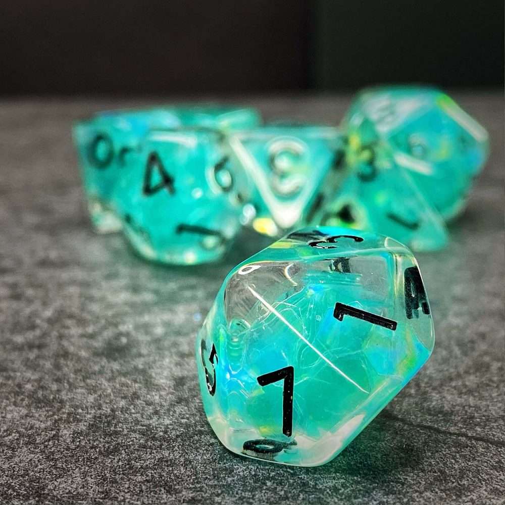 Sage's Cantrips - Teal Flakes and Black Ink Resin Polyhedral Dice Set - Sage's PortalResin Dice Set